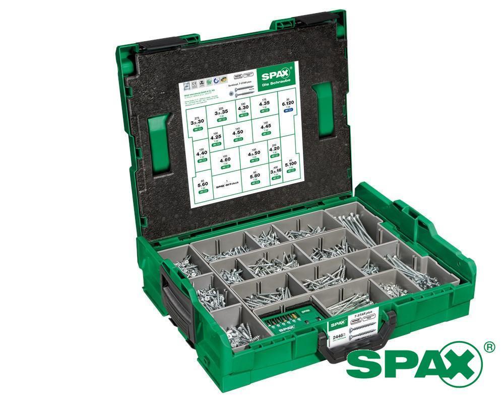 SPAX Sortimentsbox Schrauben torx flacher Kopf 16 Größen inkl.  Bit-Sortiment (bitcheck) in l-box 2446 Stück